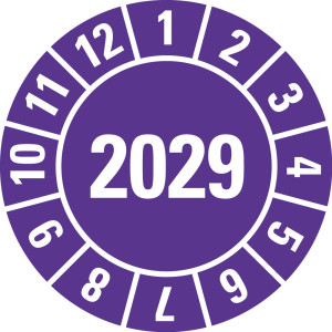 Jahresprüfplakette 2029, violett, Folie für ölige Untergründe, Ø 10 mm, 500 St./Rolle