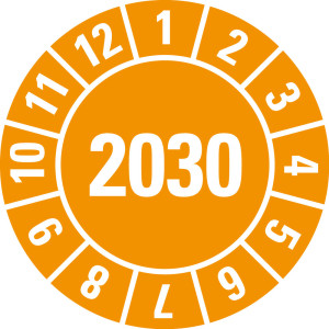 Jahresprüfplakette 2030, orange, Standardfolie, Ø 20 mm, 100 St./Heft