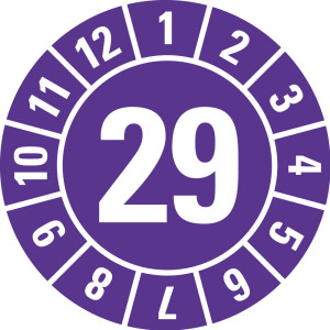 Jahresprüfplakette 29, violett, Folie für ölige Untergründe, Ø 8 mm, 10 St./Bogen