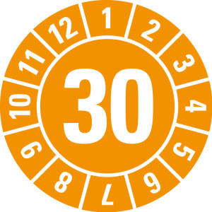 Jahresprüfplakette 30, orange, Standardfolie, Ø 8 mm, 10 St./Bogen