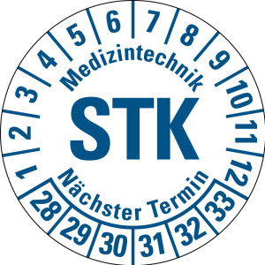 Prüfplakette Medizintechnik Nächster Termin, STK 28 - 33, weiß, DIN EN 60601-01, Folie mit Spezialkleber, Ø 30 mm, 10 St./Bogen