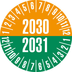 Prüfplakette 2031/2032, orange/grün, Standardfolie, Ø 30 mm, 10 St./Bogen