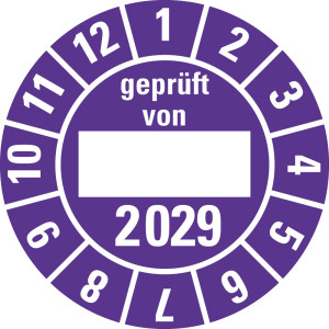 Jahresprüfplakette geprüft von, 2029, Beschriftungsfeld, violett, Standardfolie, Ø 30 mm, 10 St./Bogen