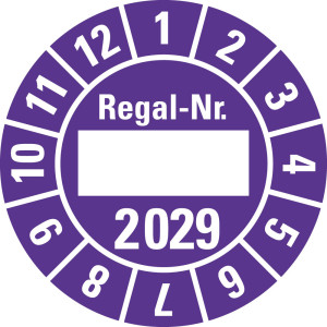 Jahresprüfplakette Regal-Nr., 2029, Beschriftungsfeld, violett, Standardfolie, Ø 30 mm, 10 St./Bogen