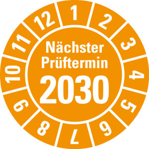 Jahresprüfplakette Nächster Prüftermin, 2030, orange, Standardfolie, Ø 30 mm, 500 St./Rolle