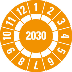 Jahresprüfplakette 2030, Freifelder, orange, Standardfolie, Ø 20 mm, 10 St./Bogen
