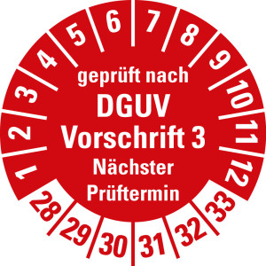 Prüfplakette geprüft nach DGUV Vorschrift 3 Nächster Prüftermin, 28 - 33, rot, Folie für ölige Untergründe, Ø 30 mm, 10 St./Bogen