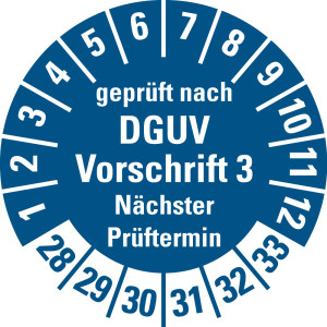 Prüfplakette geprüft nach DGUV Vorschrift 3 Nächster Prüftermin, 28 - 33, blau, Standardfolie, Ø 30 mm, 500 St./Spender