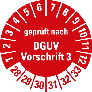 Prüfplakette geprüft nach DGUV Vorschrift 3, 28 - 33, rot, Folie für ölige Untergründe, Ø 20 mm, 500 St./Rolle