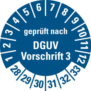Prüfplakette geprüft nach DGUV Vorschrift 3, 28 - 33, blau, Standardfolie, Ø 30 mm, 10 St./Bogen