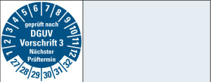 Kabelprüfplakette geprüft nach DGUV Vorschrift 3 Nächster Prüftermin, 27 - 32, blau, Standardfolie, 50 x 20 mm, 16 St./Bogen