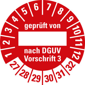 Prüfplakette geprüft von... nach DGUV Vorschrift 3, Beschriftungsfeld, 27 - 32, rot, Standardfolie, Ø 30 mm, 10 St./Bogen