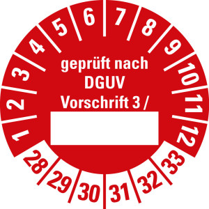 Prüfplakette geprüft nach DGUV Vorschrift 3 /..., Beschriftungsfeld, 28 - 33, rot, Standardfolie, Ø 30 mm, 10 St./Bogen
