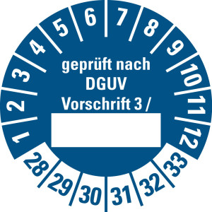 Prüfplakette geprüft nach DGUV Vorschrift 3 /..., Beschriftungsfeld, 28 - 33, blau, Standardfolie, Ø 30 mm, 10 St./Bogen
