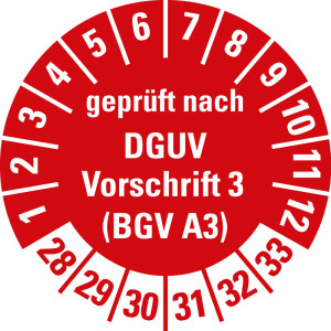 Prüfplakette geprüft nach DGUV Vorschrift 3 (BGV A3), 28 - 33, rot, Standardfolie, Ø 30 mm, 10 St./Bogen
