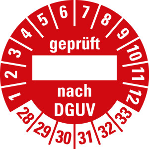 Prüfplakette geprüft... nach DGUV, Beschriftungsfeld, 28 - 33, rot, Standardfolie, Ø 30 mm, 10 St./Bogen