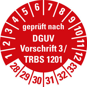Prüfplakette geprüft nach DGUV Vorschrift 3 / TRBS 1201, 28 - 33, rot, Standardfolie, Ø 20 mm, 10 St./Bogen