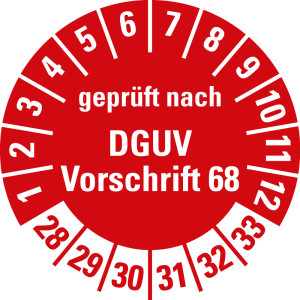 Prüfplakette geprüft nach DGUV Vorschrift 68, 28 - 33, rot, Standardfolie, Ø 30 mm, 10 St./Bogen