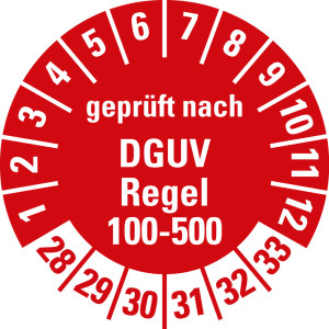 Prüfplakette geprüft nach DGUV Regel 100-500, 28 - 33, rot, Standardfolie, Ø 30 mm, 10 St./Bogen