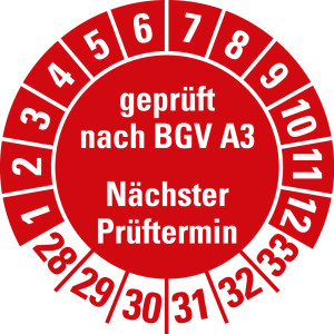 Prüfplakette geprüft nach BGV A3 Nächster Prüftermin, 28 - 33, rot, Standardfolie, Ø 20 mm, 10 St./Bogen