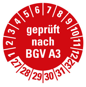 Prüfplakette geprüft nach BGV A3, 27 - 32, rot, Standardfolie, Ø 20 mm, 10 St./Bogen