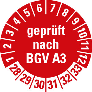 Prüfplakette geprüft nach BGV A3, 28 - 33, rot, Standardfolie, Ø 30 mm, 10 St./Bogen