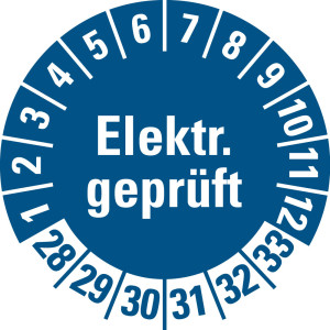 Prüfplakette Elektrisch geprüft, 28 - 33, blau, Standardfolie, Ø 15 mm, 500 St./Rolle