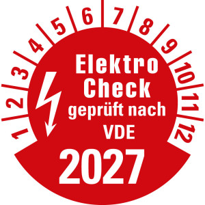 Jahresprüfplakette Elektro Check geprüft nach VDE 2027, rot, Standardfolie, Ø 20 mm, 10 St./Bogen