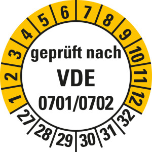 Prüfplakette geprüft nach VDE 0701/0702, 27 - 32, weiß-gelb, Standardfolie, Ø 30 mm, 10 St./Bogen
