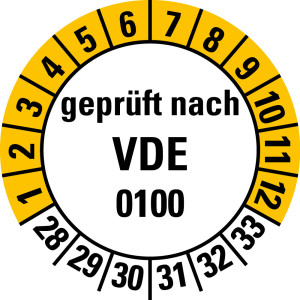 Prüfplakette geprüft nach VDE 0100, 28 - 33, weiß-gelb, Standardfolie, Ø 20 mm, 10 St./Bogen