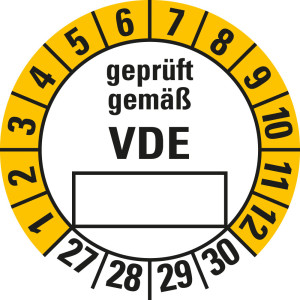 Prüfplakette geprüft gemäß VDE, Beschriftungsfeld, 27 - 30, weiß-gelb, Folie selbstklebend, Ø 20 mm, 10 St./Bogen
