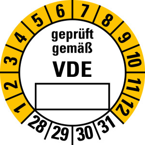 Prüfplakette geprüft gemäß VDE, Beschriftungsfeld, 28 - 31, weiß-gelb, Folie selbstklebend, Ø 30 mm, 10 St./Bogen