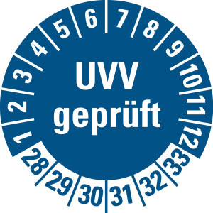 Prüfplakette UVV geprüft, 28 - 33, blau, Standardfolie, Ø 30 mm, 10 St./Bogen