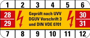 Prüfplakette geprüft nach UVV DGUV Vorschrift 3 und DIN VDE 0701, 28 - 31, gelb, Standardfolie, 42 x 18 mm, 10 St./Bogen