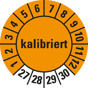 Prüfplakette kalibriert, 27 - 30, orange, Folie für ölige Untergründe, Ø 10 mm, 10 St./Bogen