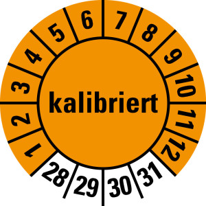 Prüfplakette kalibriert, 28 - 31, orange, Folie für ölige Untergründe, Ø 8 mm, 10 St./Bogen