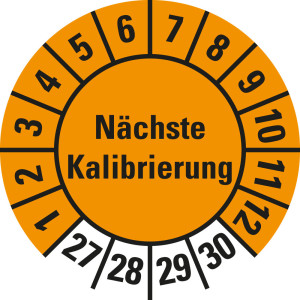 Prüfplakette Nächste Kalibrierung, 27 - 30, orange, Standardfolie, Ø 20 mm, 10 St./Bogen