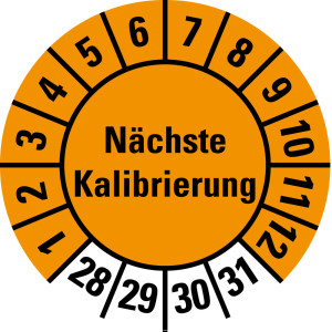 Prüfplakette Nächste Kalibrierung, 28 - 31, orange, Standardfolie, Ø 20 mm, 10 St./Bogen