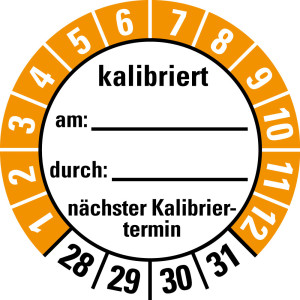Prüfplakette kalibriert am... durch... nächster Kalibriertermin, 28 - 31, weiß-orange, Standardfolie, Ø 40 mm, 10 St./Bogen