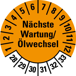 Prüfplakette Nächste Wartung/Ölwechsel, 28 - 33, orange, Standardfolie, Ø 30 mm, 10 St./Bogen