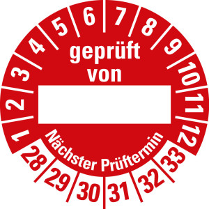 Prüfplakette geprüft von... Nächster Prüftermin, Beschriftungsfeld, 28 - 33, rot, Standardfolie, Ø 30 mm, 10 St./Bogen