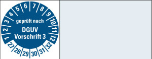 Kabelprüfplakette geprüft nach DGUV Vorschrift 3, 27 - 32, blau, Standardfolie, 50 x 20 mm, 16 St./Bogen