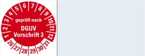 Kabelprüfplakette geprüft nach DGUV Vorschrift 3, 26 - 31, rot, Standardfolie, 50 x 20 mm, 16 St./Bogen