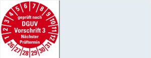 Kabelprüfplakette geprüft nach DGUV Vorschrift 3 Nächster Prüftermin, 26 - 31, rot, Standardfolie, 50 x 20 mm, 16 St./Bogen
