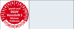 Kabelprüfplakette geprüft nach DGUV Vorschrift 3 nächster Prüftermin, 27 - 32, rot, Standardfolie, 50 x 20 mm, 64 St./Heft