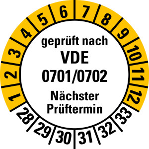 Prüfplakette geprüft nach VDE 0701/0702 Nächster Prüftermin, 28 - 33, weiß-gelb, Standardfolie, Ø 30 mm, 10 St./Bogen