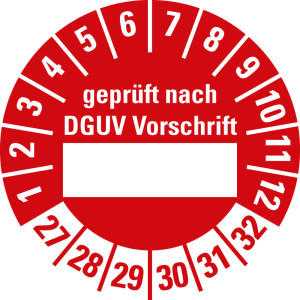 Prüfplakette geprüft nach DGUV Vorschrift, Beschriftungsfeld, 27 - 32, rot, Standardfolie, Ø 30 mm, 10 St./Bogen