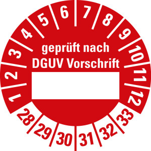 Prüfplakette geprüft nach DGUV Vorschrift… , mit Beschriftungsfeld, 28 - 33, rot, Standardfolie, Ø 30 mm, 10 St./Bogen
