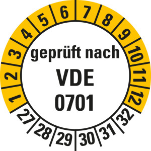 Prüfplakette geprüft nach VDE 0701, 27 - 32, weiß-gelb, Standardfolie, Ø 20 mm, 10 St./Bogen