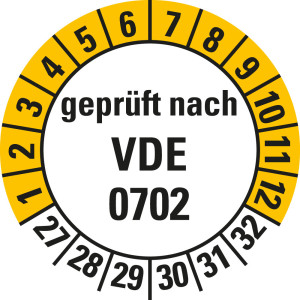 Prüfplakette geprüft nach VDE 0702, 27 - 32, weiß-gelb, Standardfolie, Ø 20 mm, 10 St./Bogen